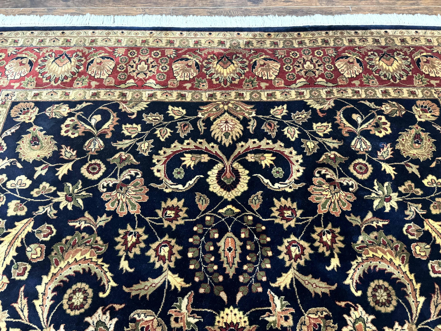 Indo Persian Rug 8x10, Navy Blue and Red, Floral Allover, Hand Knotted Vintage Wool Carpet, Indo Sarouk - Nuvé