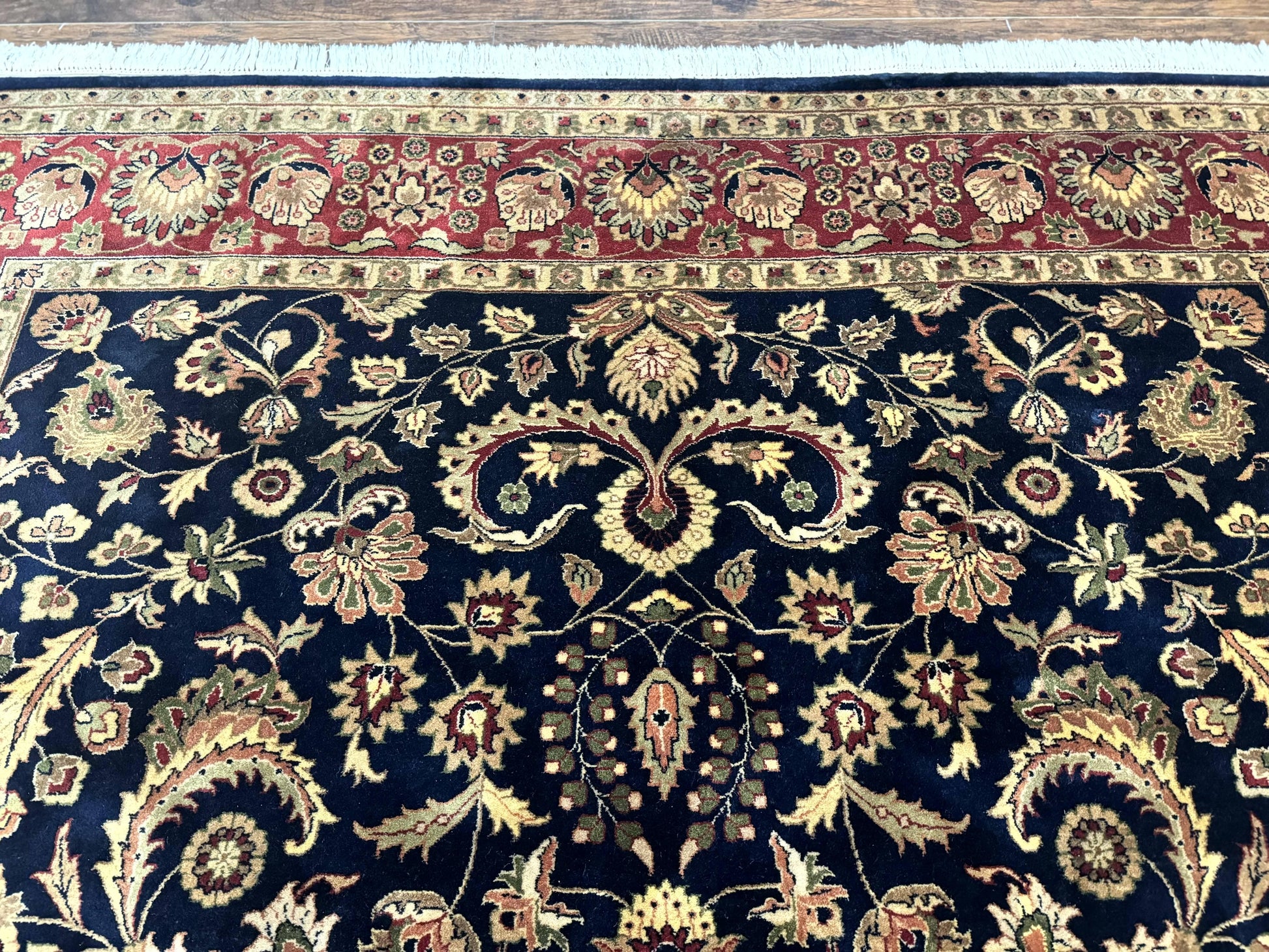 Indo Persian Rug 8x10, Navy Blue and Red, Floral Allover, Hand Knotted Vintage Wool Carpet, Indo Sarouk - Nuvé