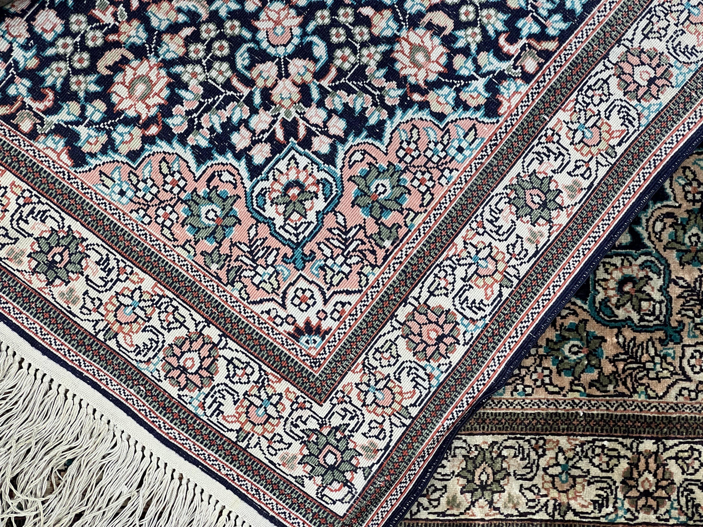 Sino Persian Silk Rug 2x2 ft, Very Fine High KPSI Small Silk Oriental Carpet, Hand-Knotted, Medallion, Vintage Silk Rug, Black Ivory/Cream - Nuvé