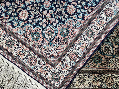 Sino Persian Silk Rug 2x2 ft, Very Fine High KPSI Small Silk Oriental Carpet, Hand-Knotted, Medallion, Vintage Silk Rug, Black Ivory/Cream - Nuvé