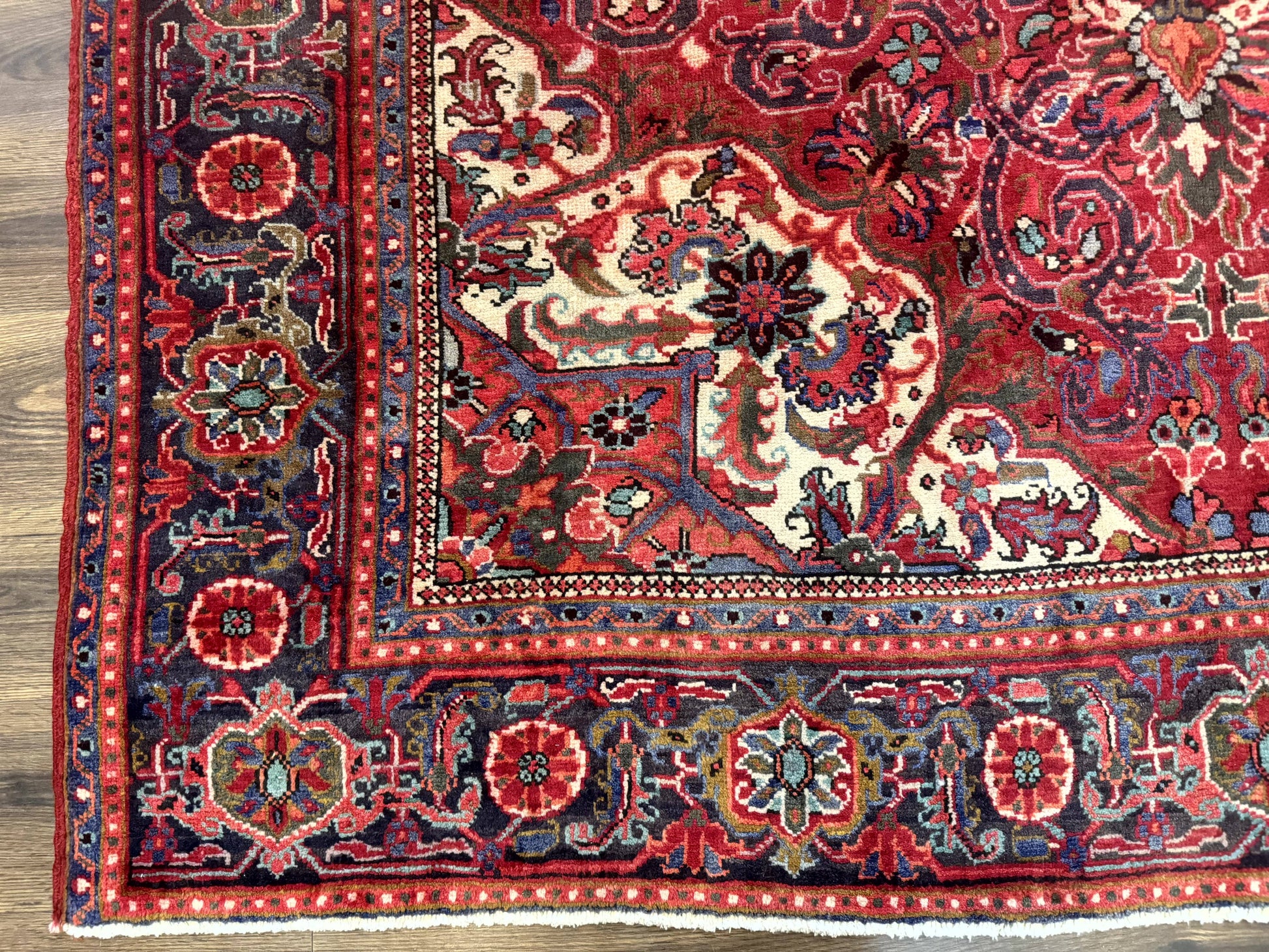 Persian Heriz Rug 7x10, Red and Navy, Geometric Medallion, Vintage Wool Carpet - Nuvé