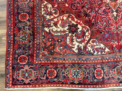 Persian Heriz Rug 7x10, Red and Navy, Geometric Medallion, Vintage Wool Carpet - Nuvé