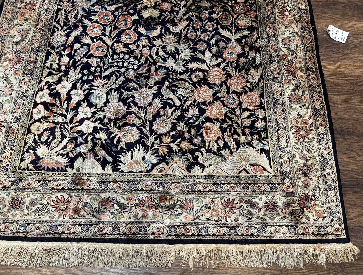 Silk Rug 4x6, Black and Cream, Floral & Bird Pictorials, Fine 330 KPSI, Sino Persian Rug - Nuvé