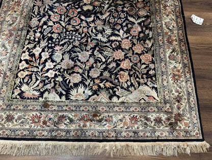Silk Rug 4x6, Black and Cream, Floral & Bird Pictorials, Fine 330 KPSI, Sino Persian Rug - Nuvé