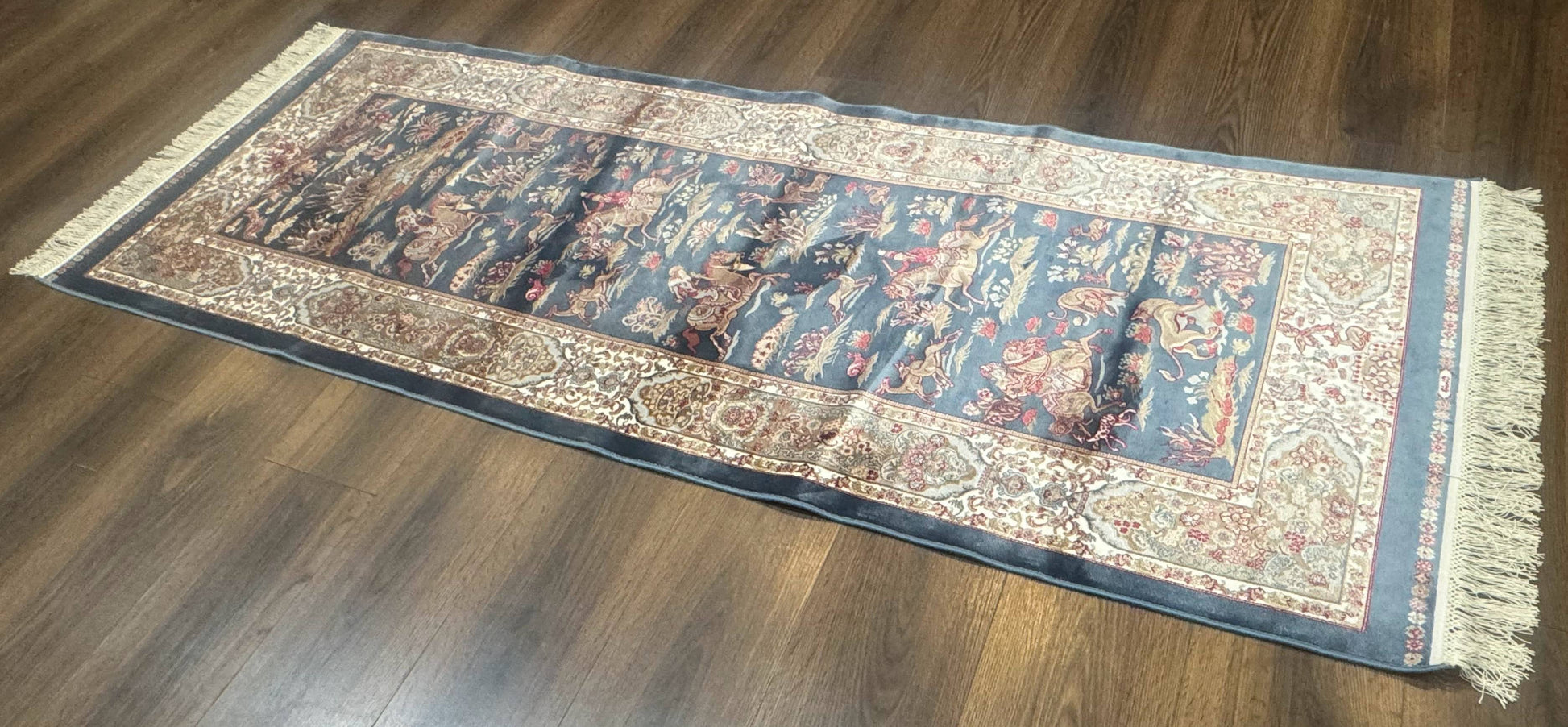 Turkish Silk Rug 2.6 x 6.7, Short Runner Rug, Blue & Ivory, Bamboo Silk, New - Nuvé