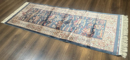 Turkish Silk Rug 2.6 x 6.7, Short Runner Rug, Blue & Ivory, Bamboo Silk, New - Nuvé
