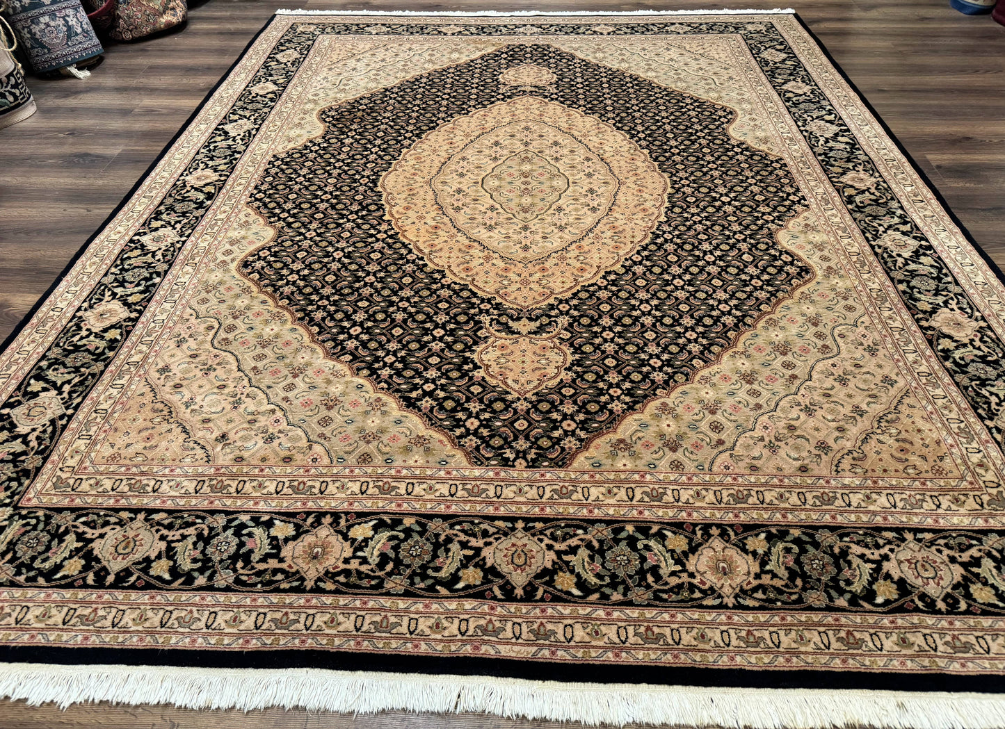 Sino Persian Rug 8x10, Herati Mahi Pattern, Fine 170 KPSI, Black, Wool and Silk Highlights - Nuvé