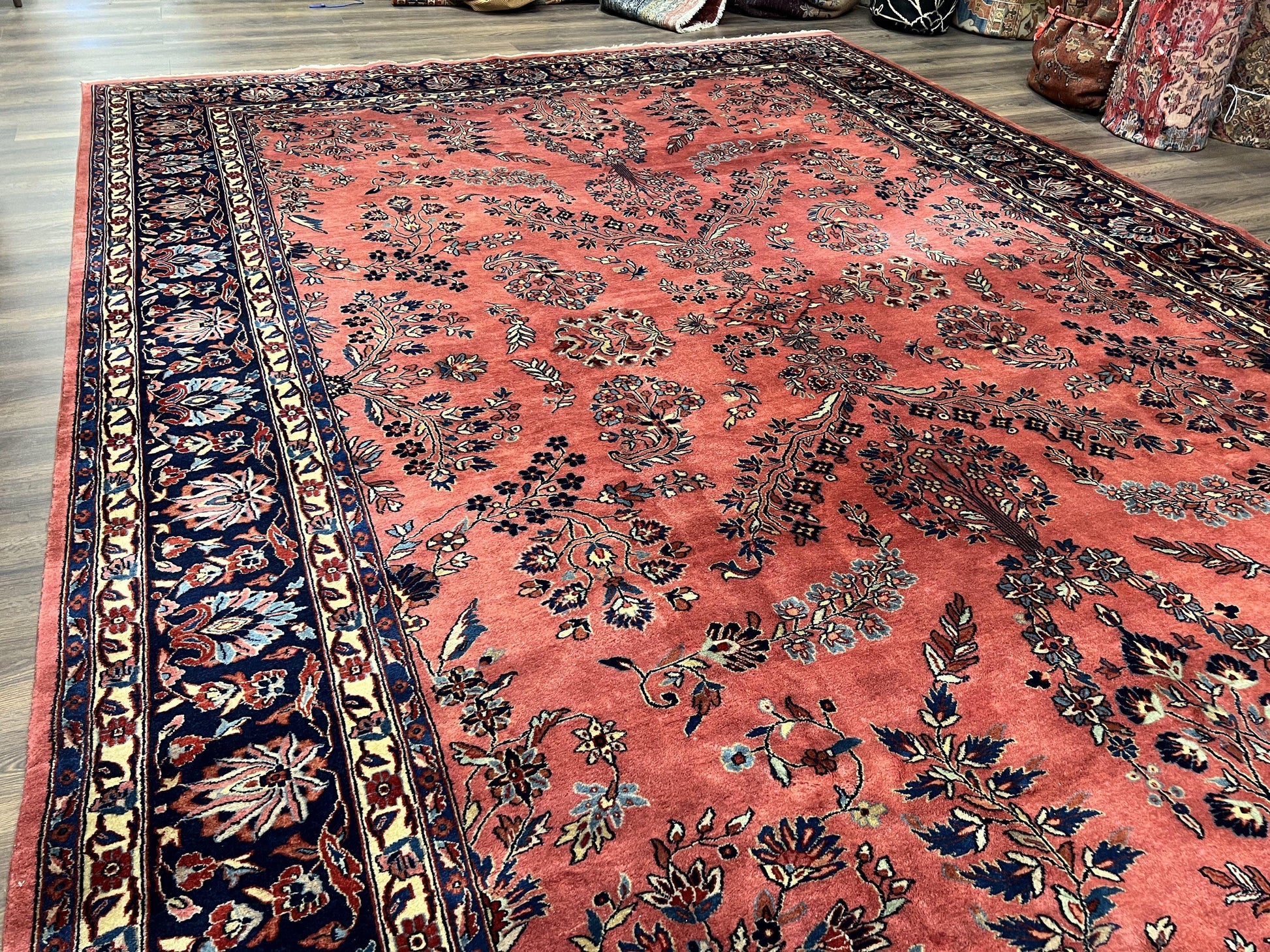 Indo Sarouk Rug 10x14, Vintage Indian Persian Area Rug 10 x 14, Wool Hand-Knotted Oriental Carpet, Red Floral Allover Large Rug, Beautiful - Nuvé