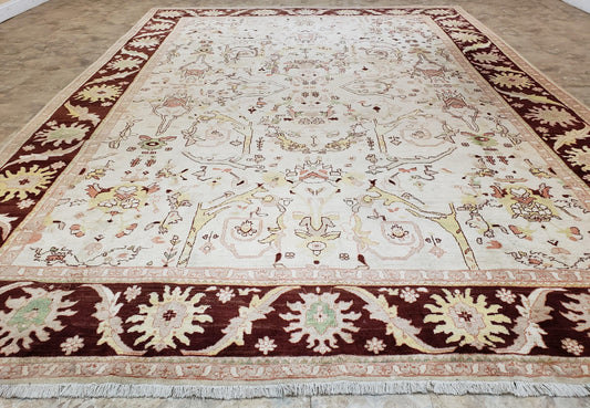 Beige and Maroon Peshawar Rug 10x15, Large Oushak Carpet, Pakistani Rug, Handmade Area Rug, Hand Knotted Rug, Living Room Rug, Nice Wool Rug - Nuvé