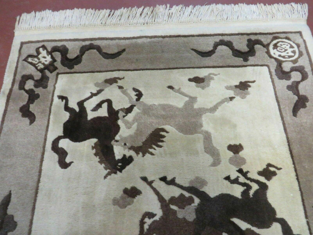 4' X 6' Modern Tibetan Nepal Art Deco Chinese Hand Knotted Wool Rug Horses Nice