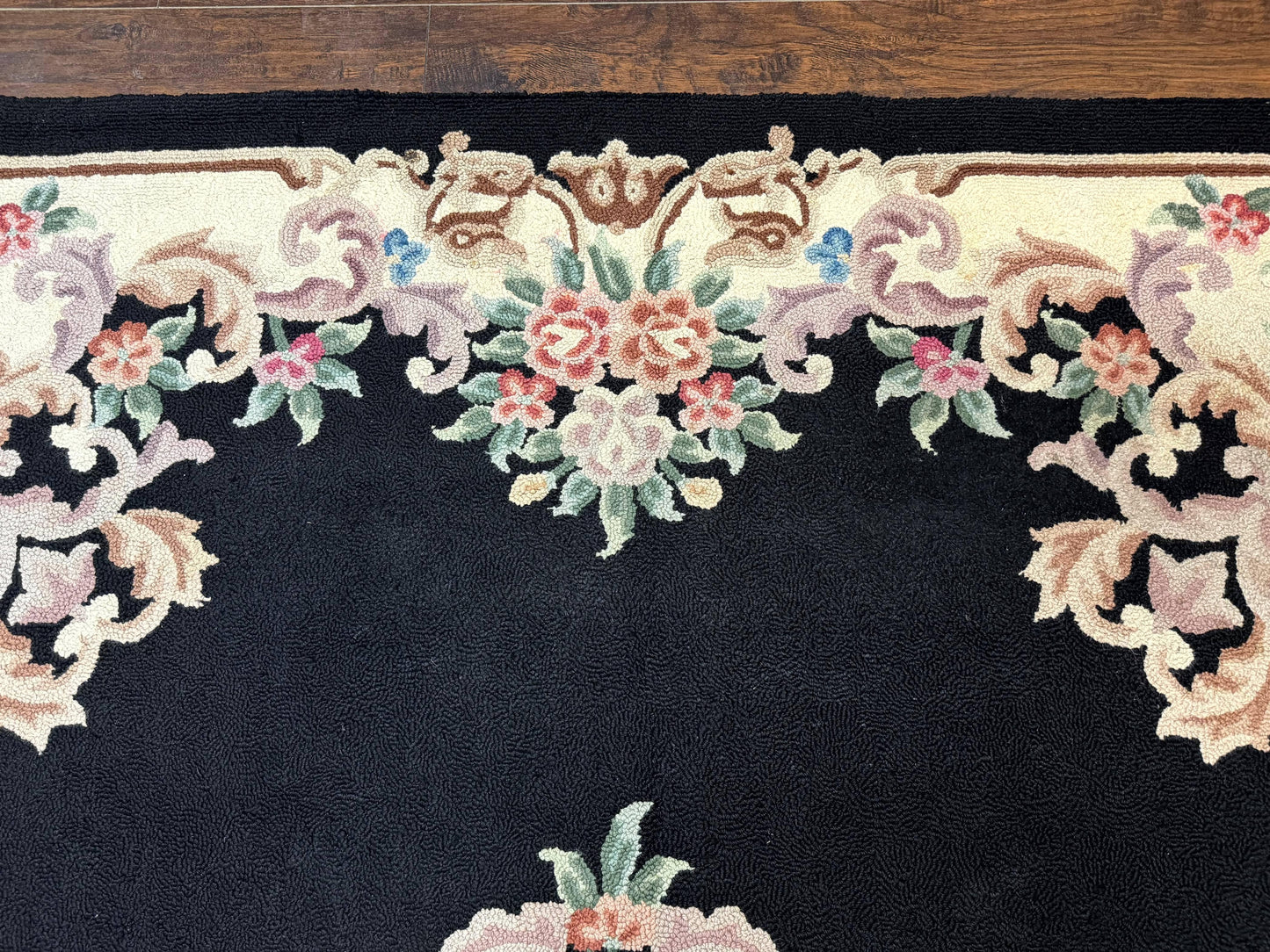 Aubusson Rug 8x11, Black and Ivory, Hooked Rug, Vintage, Wool - Nuvé