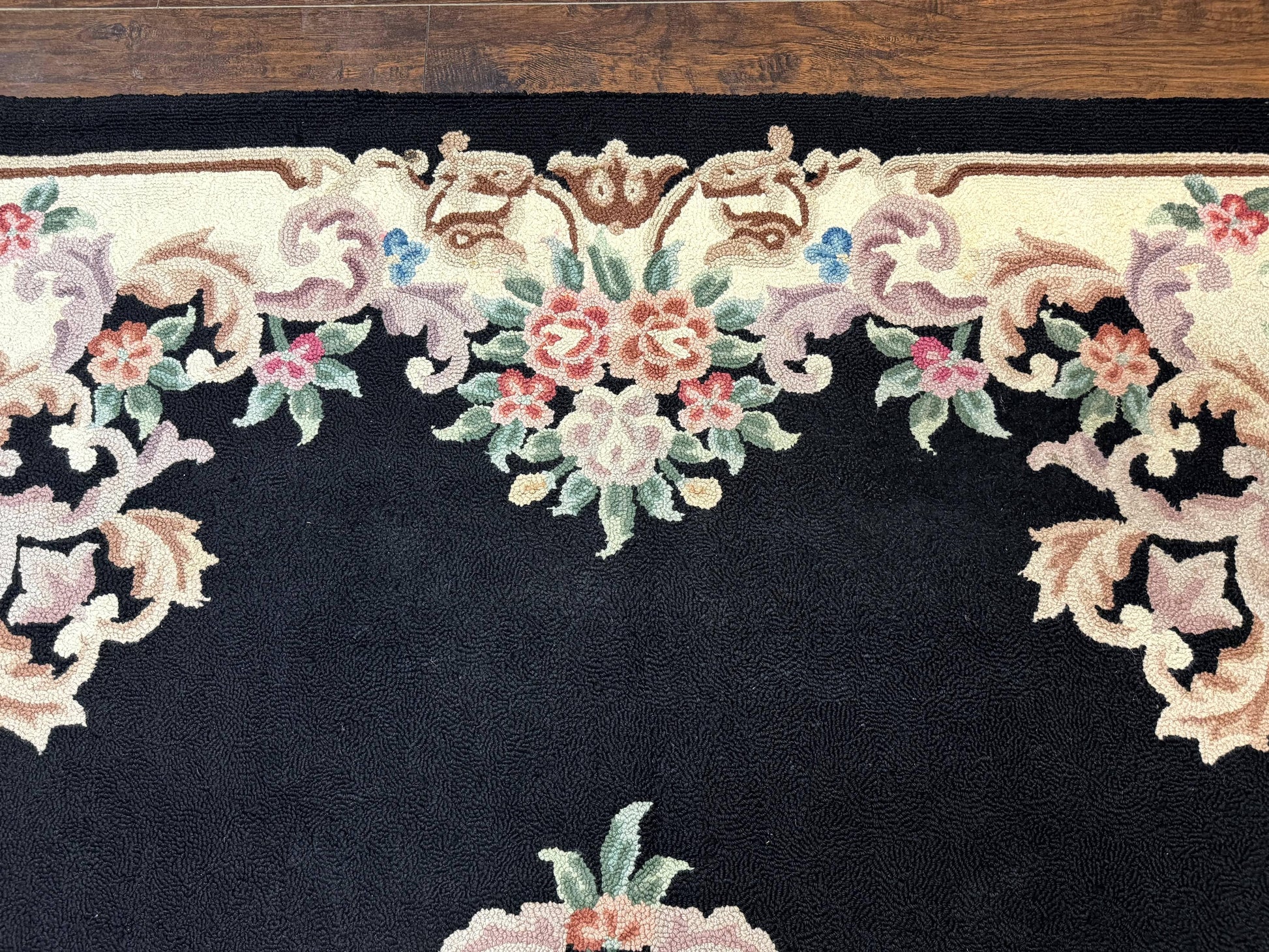 Aubusson Rug 8x11, Black and Ivory, Hooked Rug, Vintage, Wool - Nuvé
