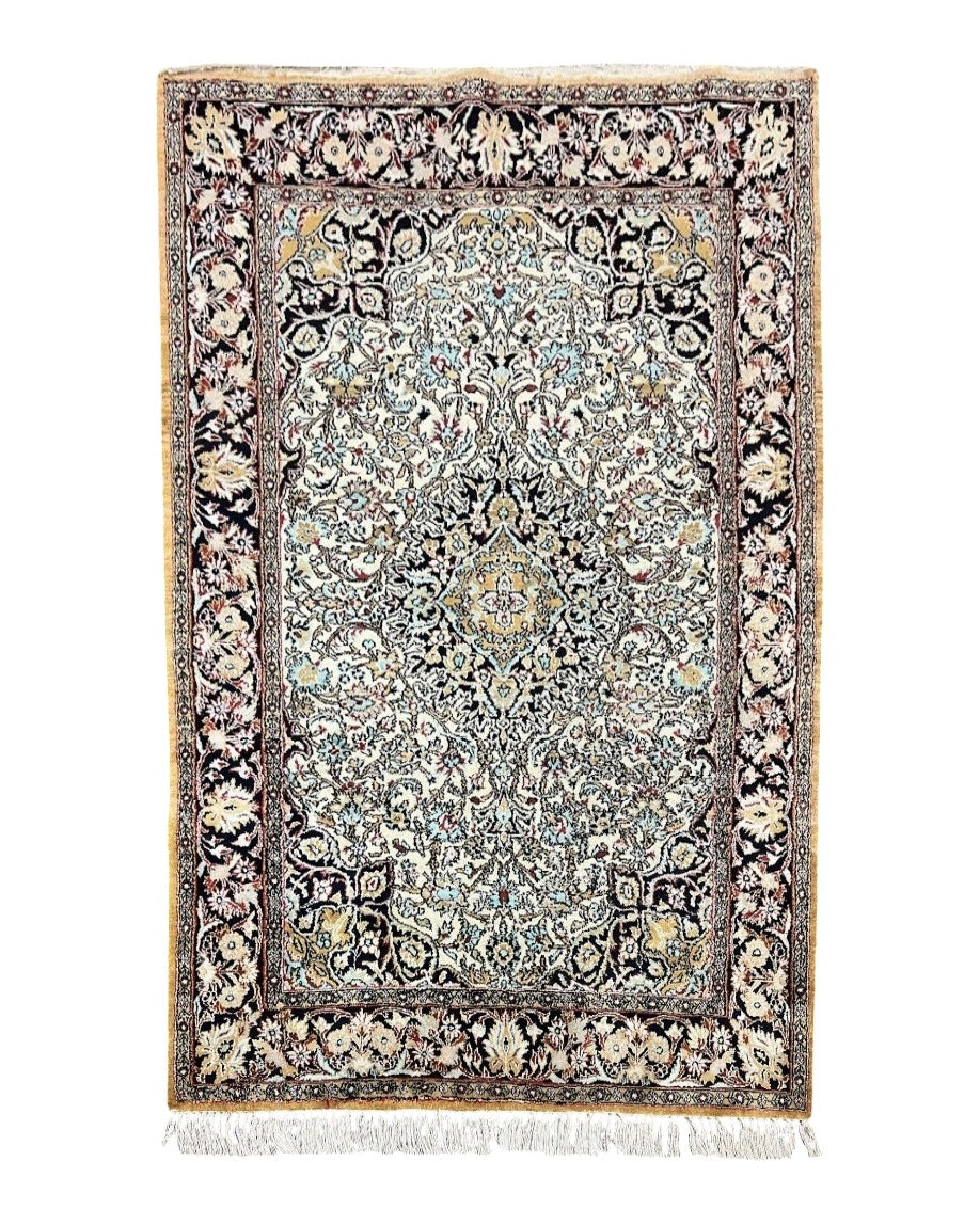 Silk Persian Qum Rug 4x5, Hand Knotted Vintage Carpet, Cream & Navy Blue, Silk Pile on Silk Foundation, Very Fine 360 KPSI