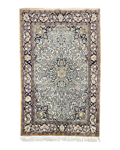 Silk Persian Qum Rug 4x5, Hand Knotted Vintage Carpet, Cream & Navy Blue, Silk Pile on Silk Foundation, Very Fine 360 KPSI