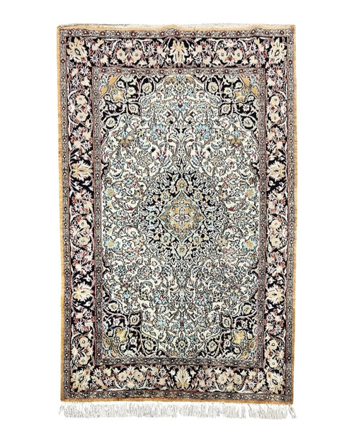 Silk Persian Qum Rug 4x5, Hand Knotted Vintage Carpet, Cream & Navy Blue, Silk Pile on Silk Foundation, Very Fine 360 KPSI