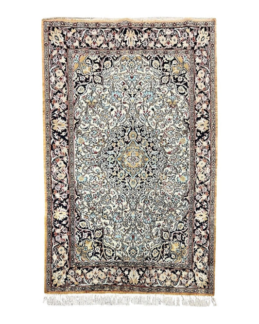 Silk Persian Qum Rug 4x5, Hand Knotted Vintage Carpet, Cream & Navy Blue, Silk Pile on Silk Foundation, Very Fine 360 KPSI