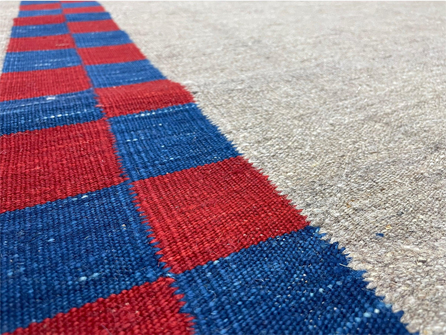 5' 7" x 7' 9" Geometric Kilim Carpet, Gray, Handmade, Hand-Knotted Area Rug, Blue & Red, Flatweave, Wool, New, Checkerboard Pattern - Nuvé