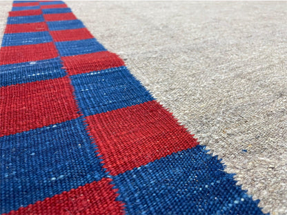 5' 7" x 7' 9" Geometric Kilim Carpet, Gray, Handmade, Hand-Knotted Area Rug, Blue & Red, Flatweave, Wool, New, Checkerboard Pattern - Nuvé
