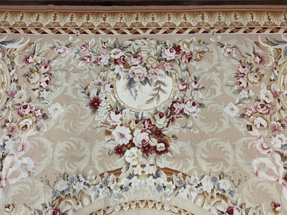 Aubusson Rug 9x12, Elegant Savonnerie Carpet 9 x 12 ft, Beige Ivory Tan, Floral, Flatweave Wool Handmade Area Rug 9 x 12 ft, European French - Nuvé