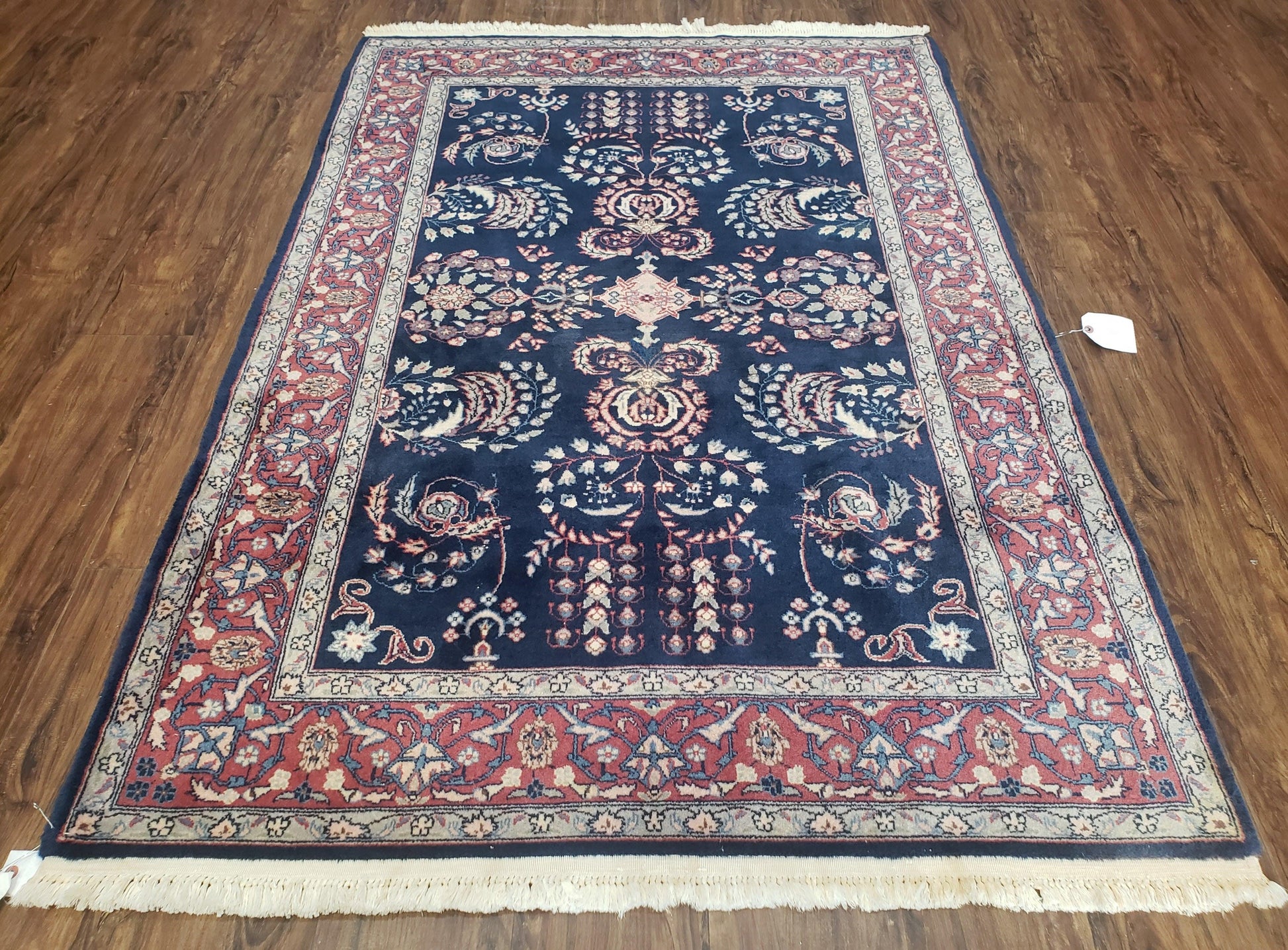 Dark Blue Indo Persian Rug 4x6, Medium Size Hand Knotted Oriental Carpet, Traditional Floral Indian Rug, Blue and Red Entryway Rug, Wool Rug - Nuvé