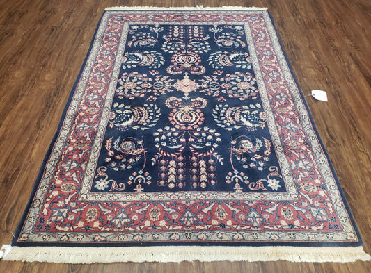 Dark Blue Indo Persian Rug 4x6, Medium Size Hand Knotted Oriental Carpet, Traditional Floral Indian Rug, Blue and Red Entryway Rug, Wool Rug - Nuvé