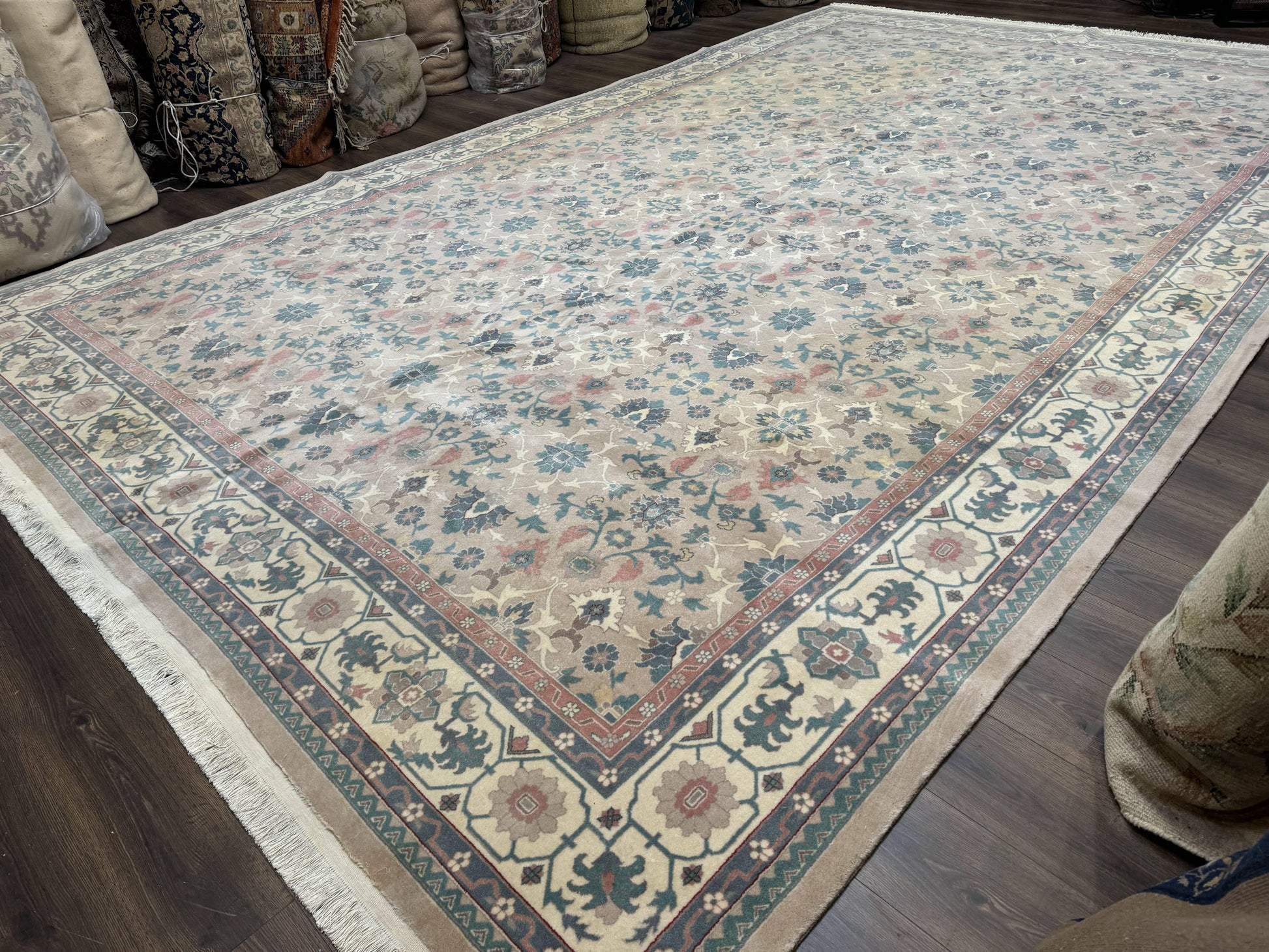 Palace Size Wool Rug 10x18, Sino Persian Kerman Rug, Oversized Hand Knotted Carpet, Light Taupe, Allover Pattern - Nuvé