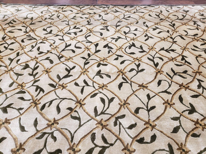 Vintage Tibetan Nepalese Area Rug 9x12, Wool Hand-Knotted, Beige Nepali Soft Pile Carpet, 9 x 12 Living Room Modern Dining Room Rug - Nuvé