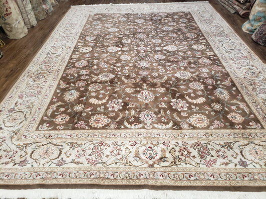 Vintage Pak-Persian Area Rug 9x12, Wool Hand-Knotted Spice Brown & Ivory Traditional Fine Oriental Carpet, Pakistani Carpet, 9 x 12 Fine Rug - Nuvé