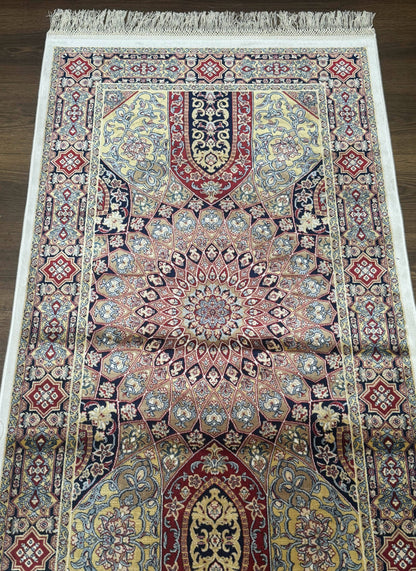 Turkish Silk Runner Rug 2.6 x 10, Dome Design, Hereke Runner, Bamboo Silk, New - Nuvé