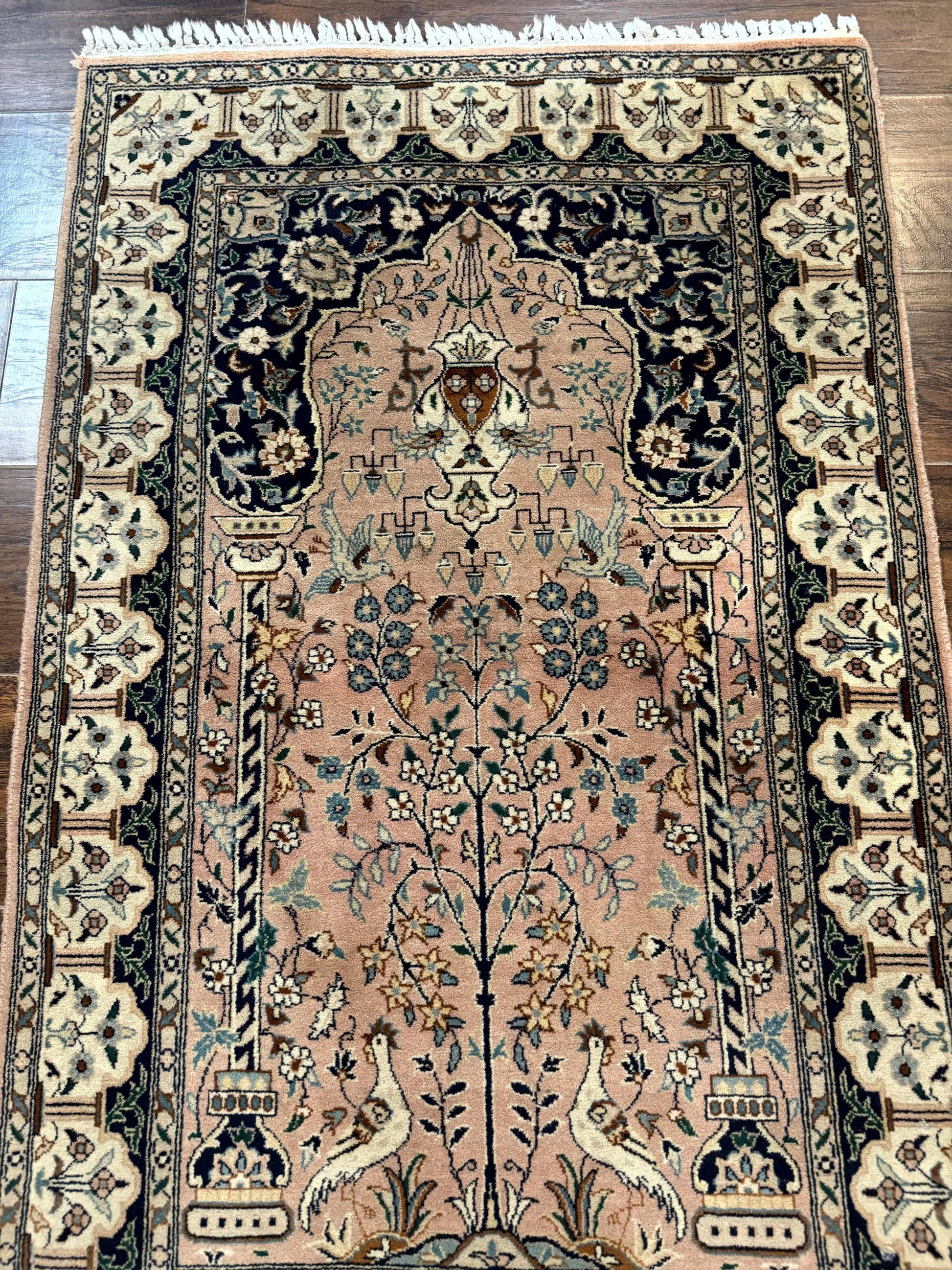Small Tree of Life Prayer Rug, Pak Persian Rug 2.7 x 4, , Birds, Lantern, Handmade Vintage Fine 260 KPSI - Nuvé
