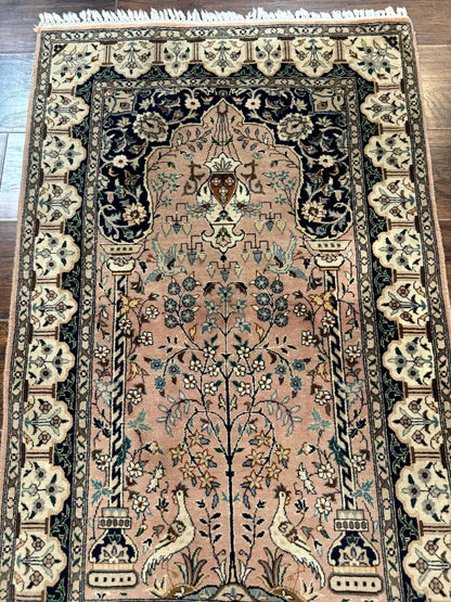 Small Tree of Life Prayer Rug, Pak Persian Rug 2.7 x 4, , Birds, Lantern, Handmade Vintage Fine 260 KPSI - Nuvé