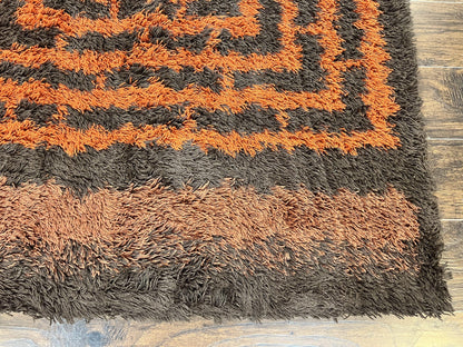 Vintage Rya Shag Rug 4.6 x 6.6, Abstract Design, Brown and Orange, Mid Century Danish Rya Carpet - Nuvé