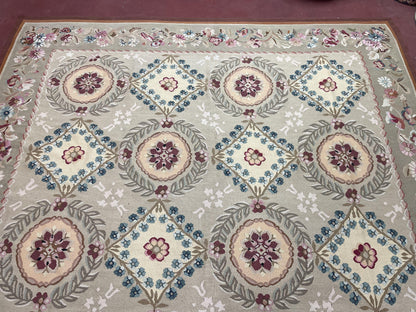 9x13 Needlepoint Carpet, French Design Rug, Hand-Knotted, Brand New Needlepoint Rug 9 x 13, English French European Style, Beige Floral - Nuvé