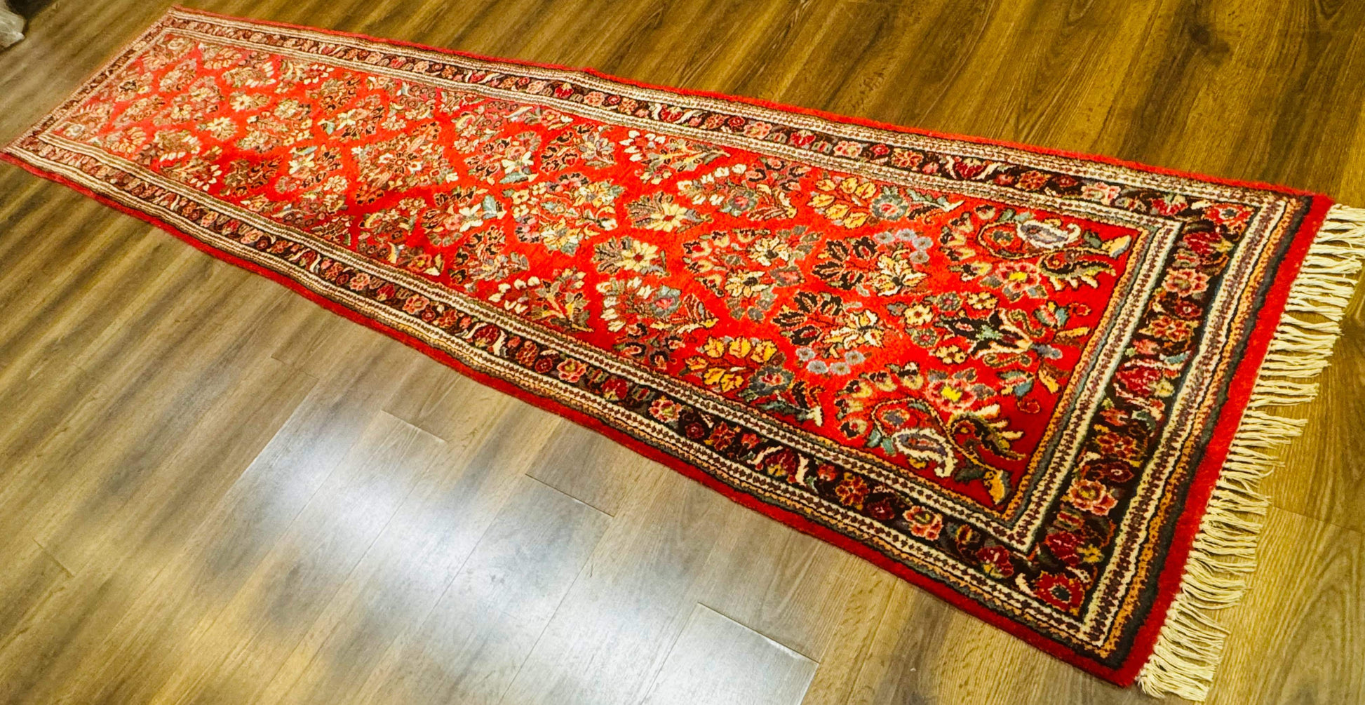 Persian Sarouk Runner Rug 3x12, Red Floral 3 x 12ft Runner, Vintage, Wool - Nuvé