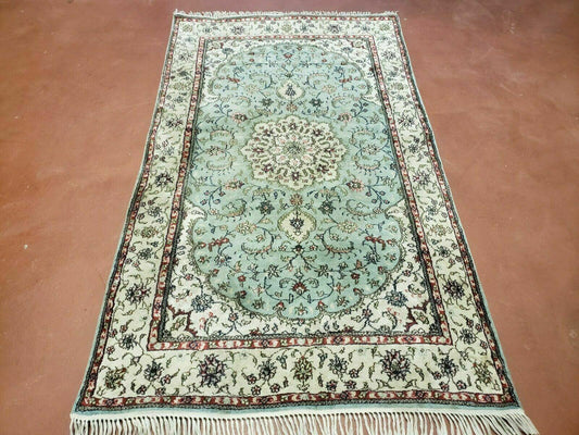 Silk Turkish Kayseri Rug 3x5, Light Mint Green and Ivory, Vintage Fine Silk Hand Knotted Oriental Carpet 3 x 5 ft, Floral Medallion, Nice - Nuvé