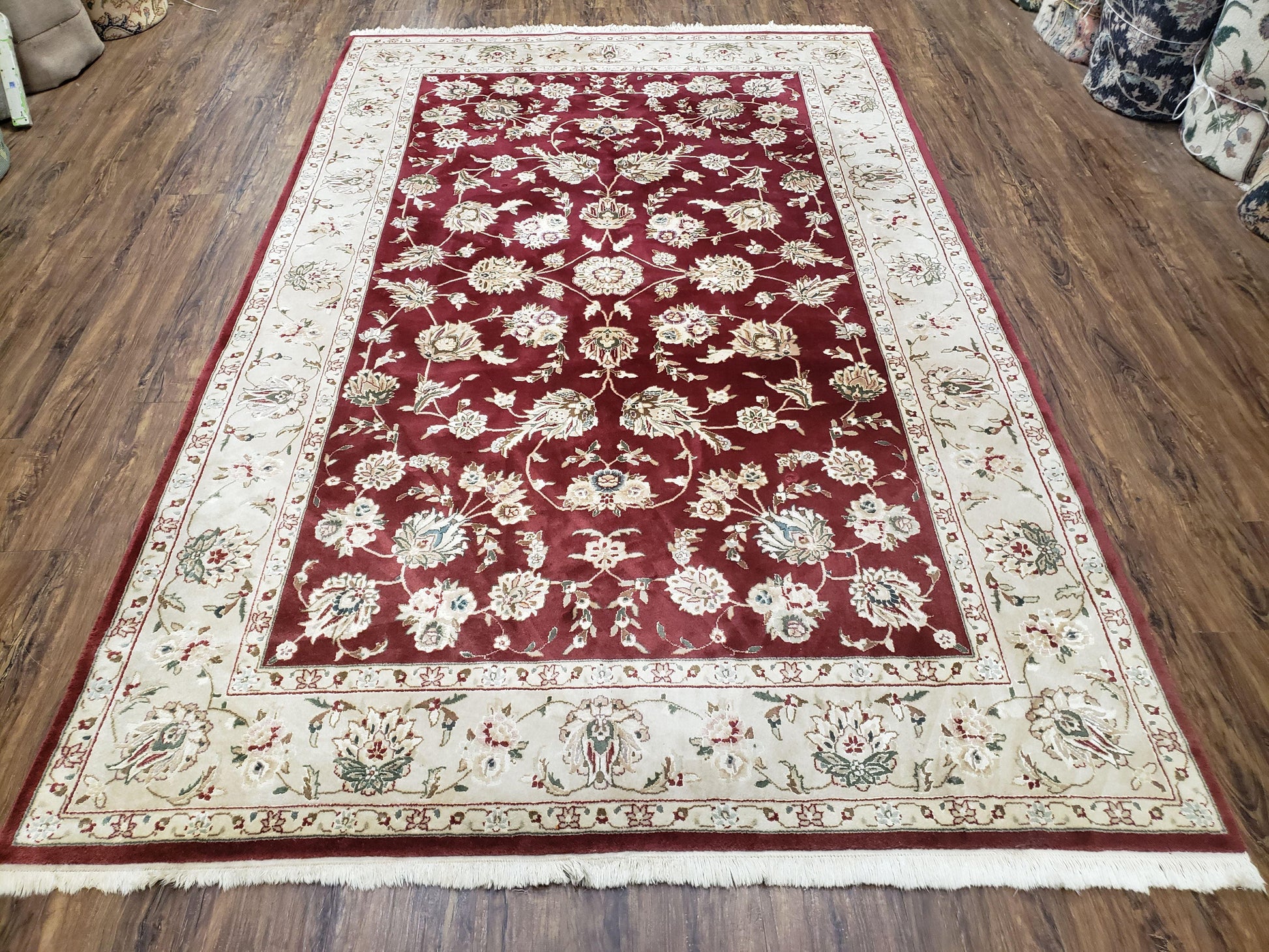 Vintage Traditional Oriental Area Rug, Hand-Knotted, Wool & Silk Accents, Maroon Red and Beige, 6x9 Carpet, 5' 9" x 9' - Nuvé
