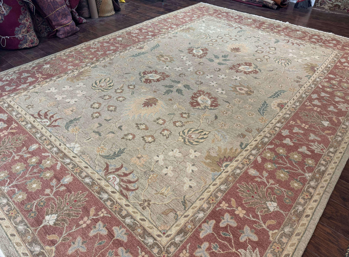 Large Turkish Soumak Rug 10x14, Flatweave Dhurrie, Handmade, Light Green and Salmon - Nuvé