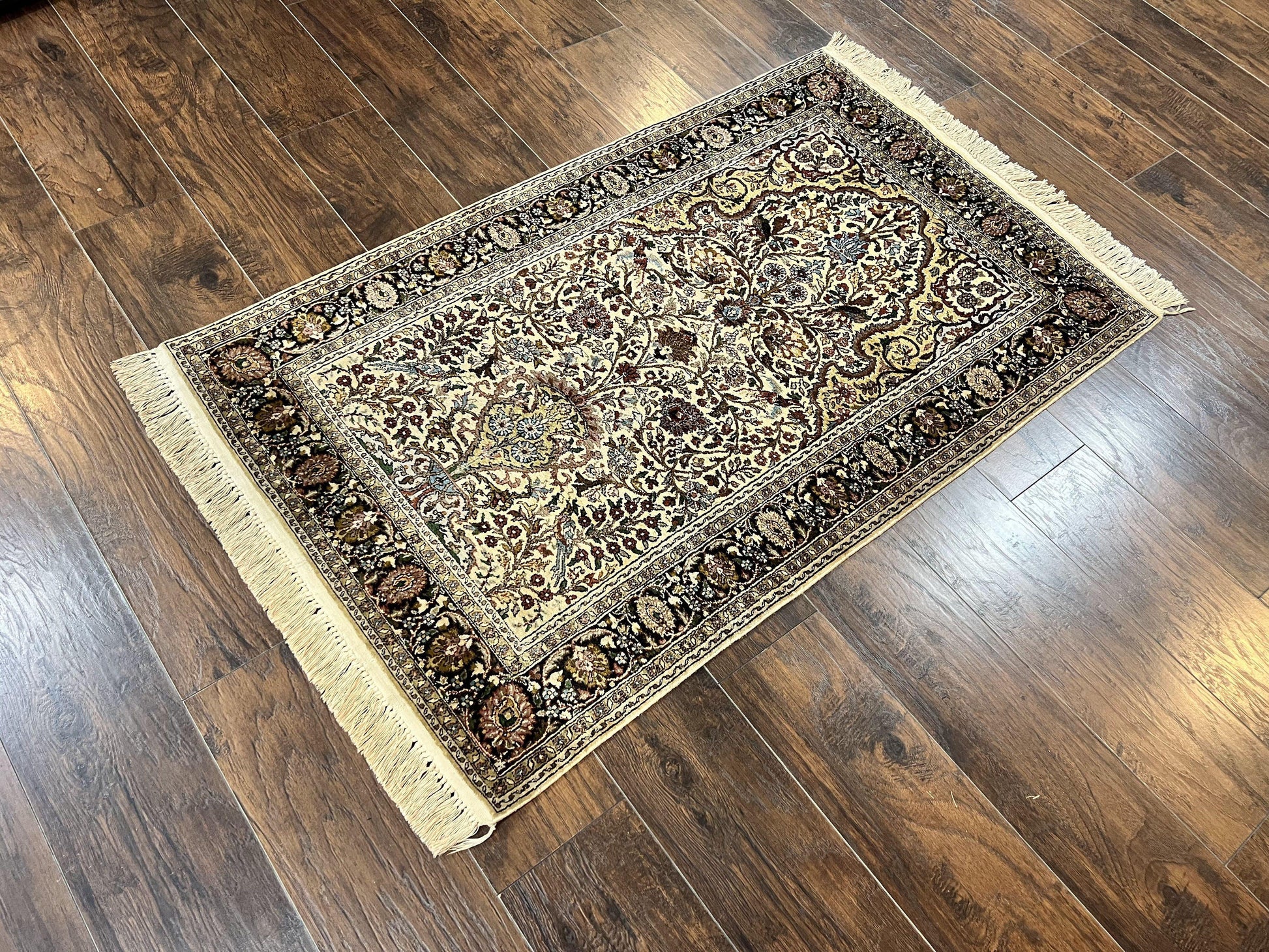 Turkish Kayseri Silk Rug 3x5, Tree of Life Silk Oriental Carpet, Birds Persian Vase Design, Hand Knotted Vintage Fine Rug, 340 KPSI - Nuvé
