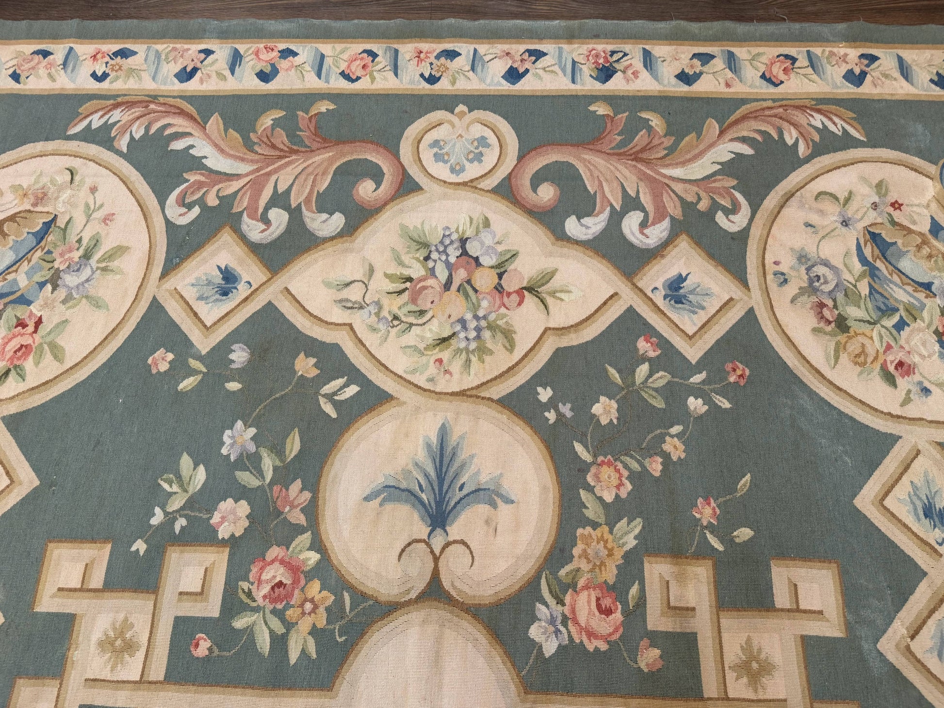 Aubusson Rug 9x12, Muted Sage Green and Cream, European Design - Nuvé