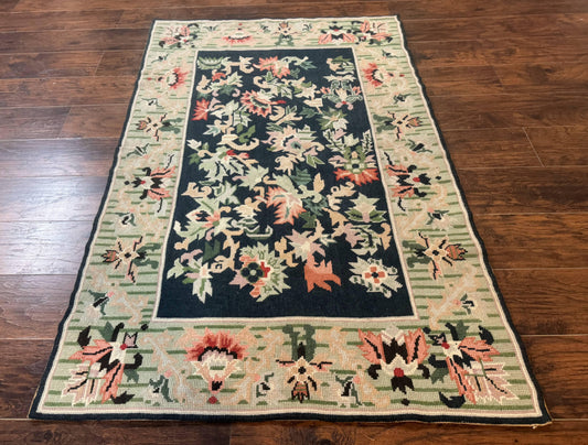 Vintage American Needlepoint Rug 4x6, Dark Green, Wool, Handmade, Flatweave Carpet - Nuvé