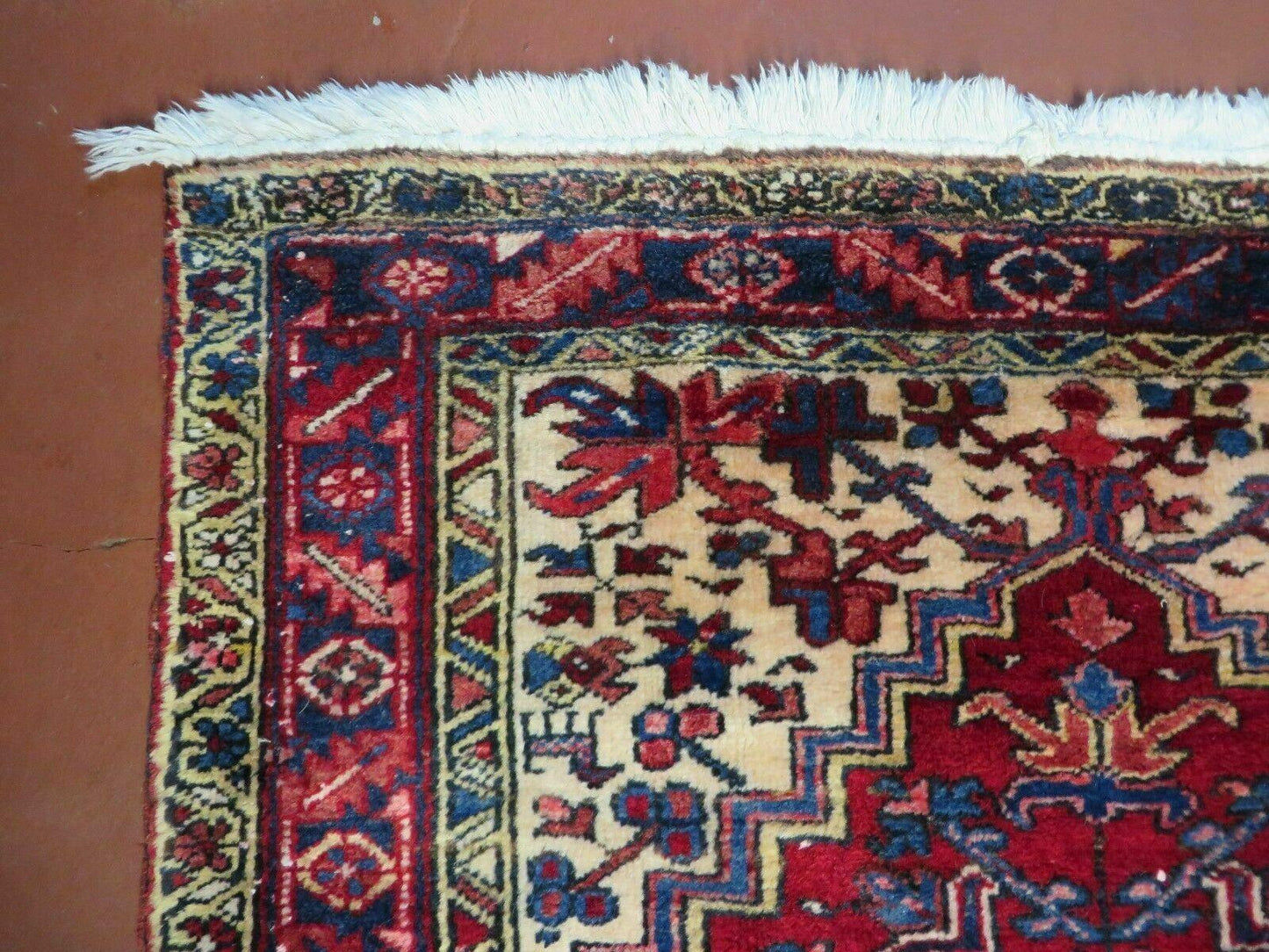 Persian Runner Rug, Heriz Runner Rug, Geometric Medallions, Red Cream Navy Blue Wool Hallway Rug 3.9 x 10.8 Antique Oriental Runner Handmade - Nuvé