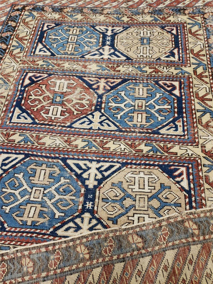 3' 4" X 4' 11" Antique Handmade Shirvan Kazak Caucasian Wool Rug Colorful - Nuvé