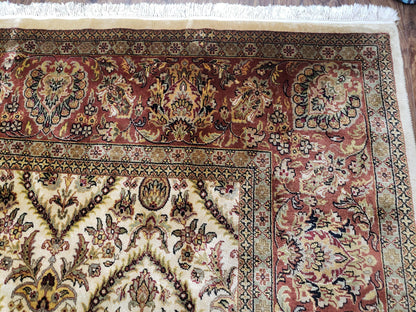 Vintage Indo Persian Area Rug 9x12, Wool Hand-Knotted Ivory & Dark Red Oriental Carpet, Fine Weave 9 x 12 Indian Rug, Dining Room Rug - Nuvé