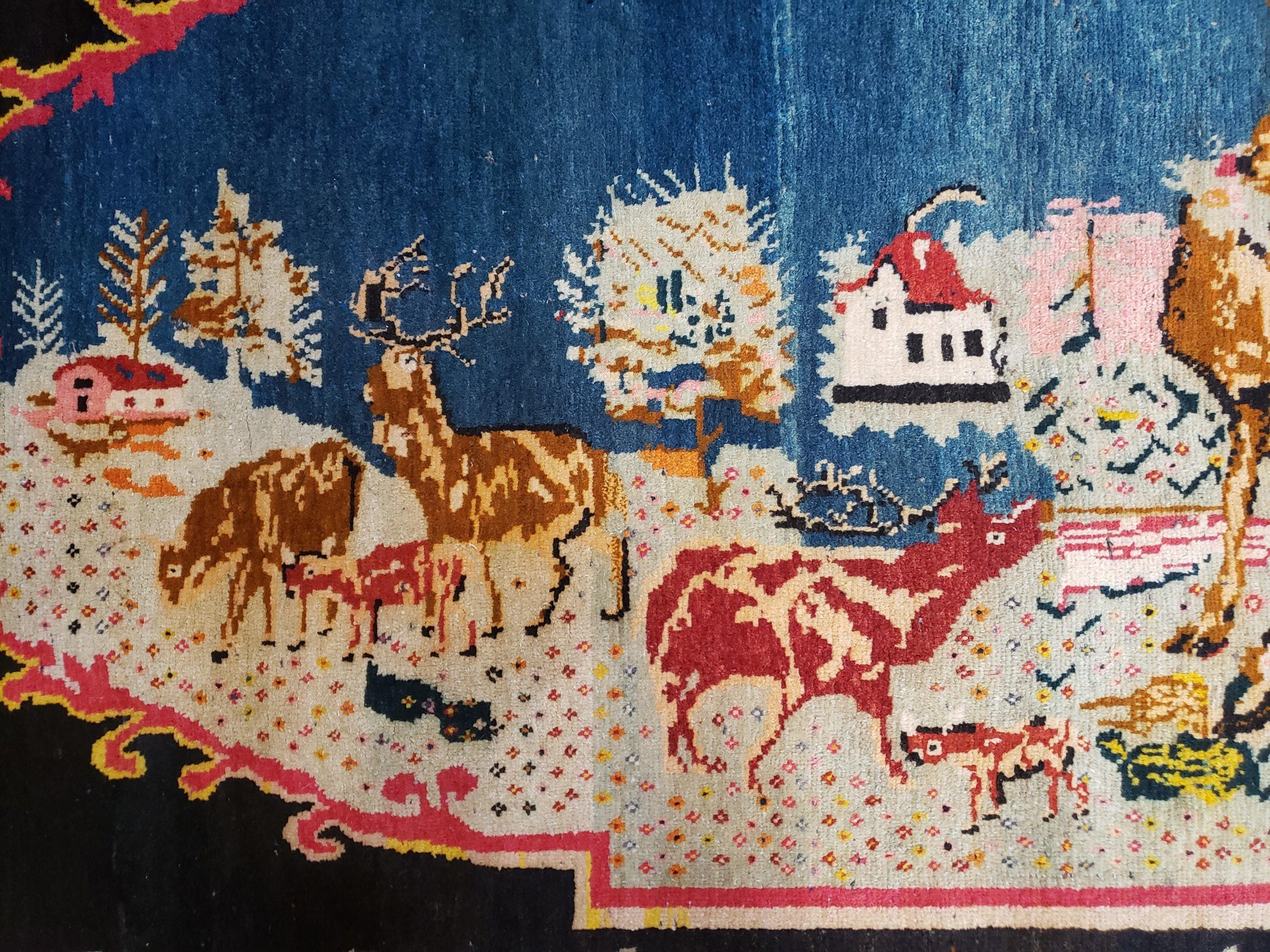 Antique Persian Pictorial Rug 4'6" x 9', Wool Hand-Knotted Blue Roses Karabagh Caucasian Carpet, 1920s Girl Deer Tapestry Wall Hanging Rug - Nuvé