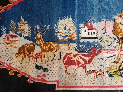 Antique Persian Pictorial Rug 4'6" x 9', Wool Hand-Knotted Blue Roses Karabagh Caucasian Carpet, 1920s Girl Deer Tapestry Wall Hanging Rug - Nuvé
