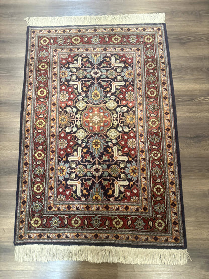 Turkish Hereke Rug 3x5, Navy Blue and Red, Fine 210 KPSI - Nuvé