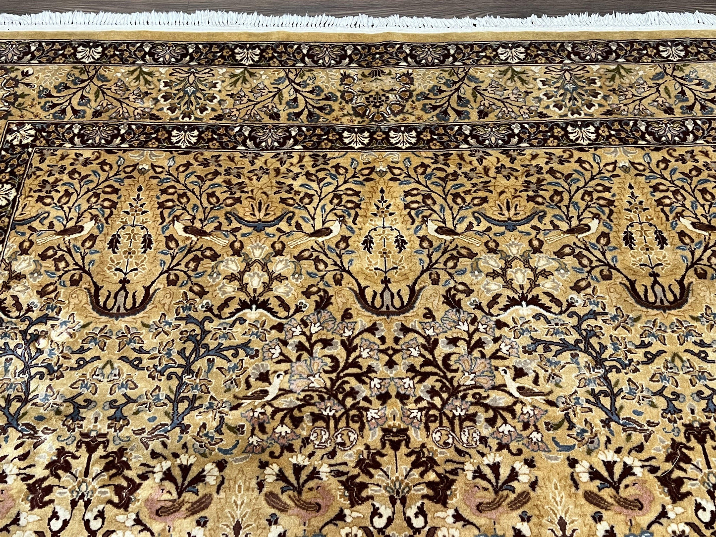 Pretty Indo Persian Rug 6x9, Allover Floral Motif with Birds, Tan/Cream, Very Fine Oriental Carpet, Hand Knotted Vintage Indian Wool Rug - Nuvé