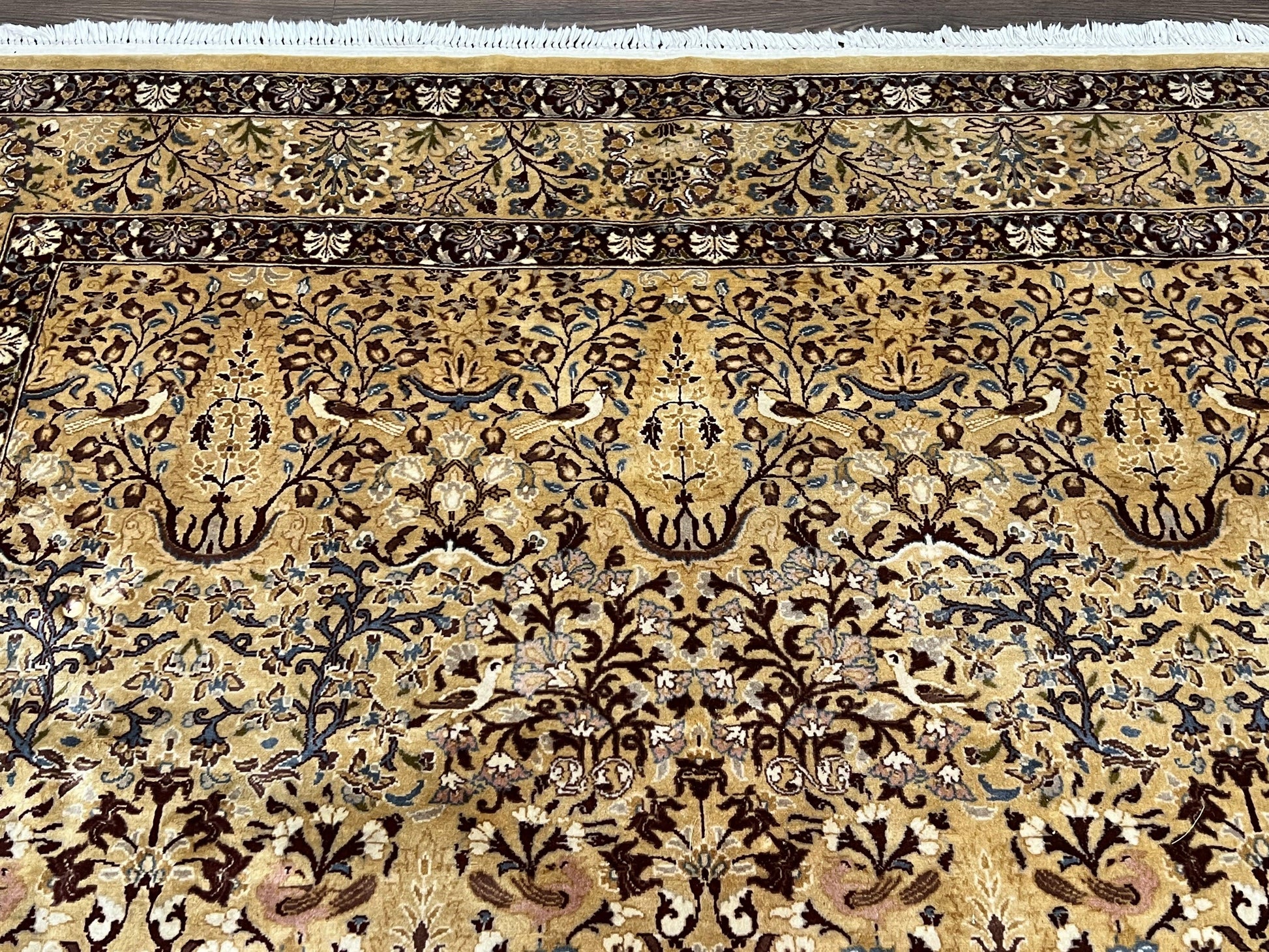 Pretty Indo Persian Rug 6x9, Allover Floral Motif with Birds, Tan/Cream, Very Fine Oriental Carpet, Hand Knotted Vintage Indian Wool Rug - Nuvé