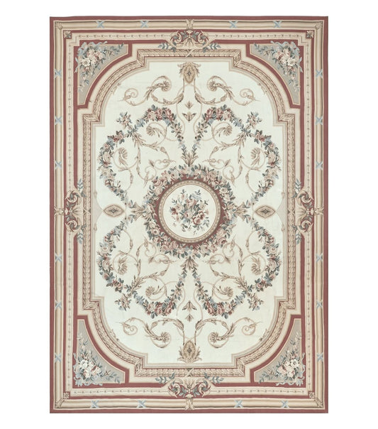Large Aubusson Rug 10x14, Elegant French European Floral Design, Vintage Handmade Wool Room Sized Carpet, Ivory