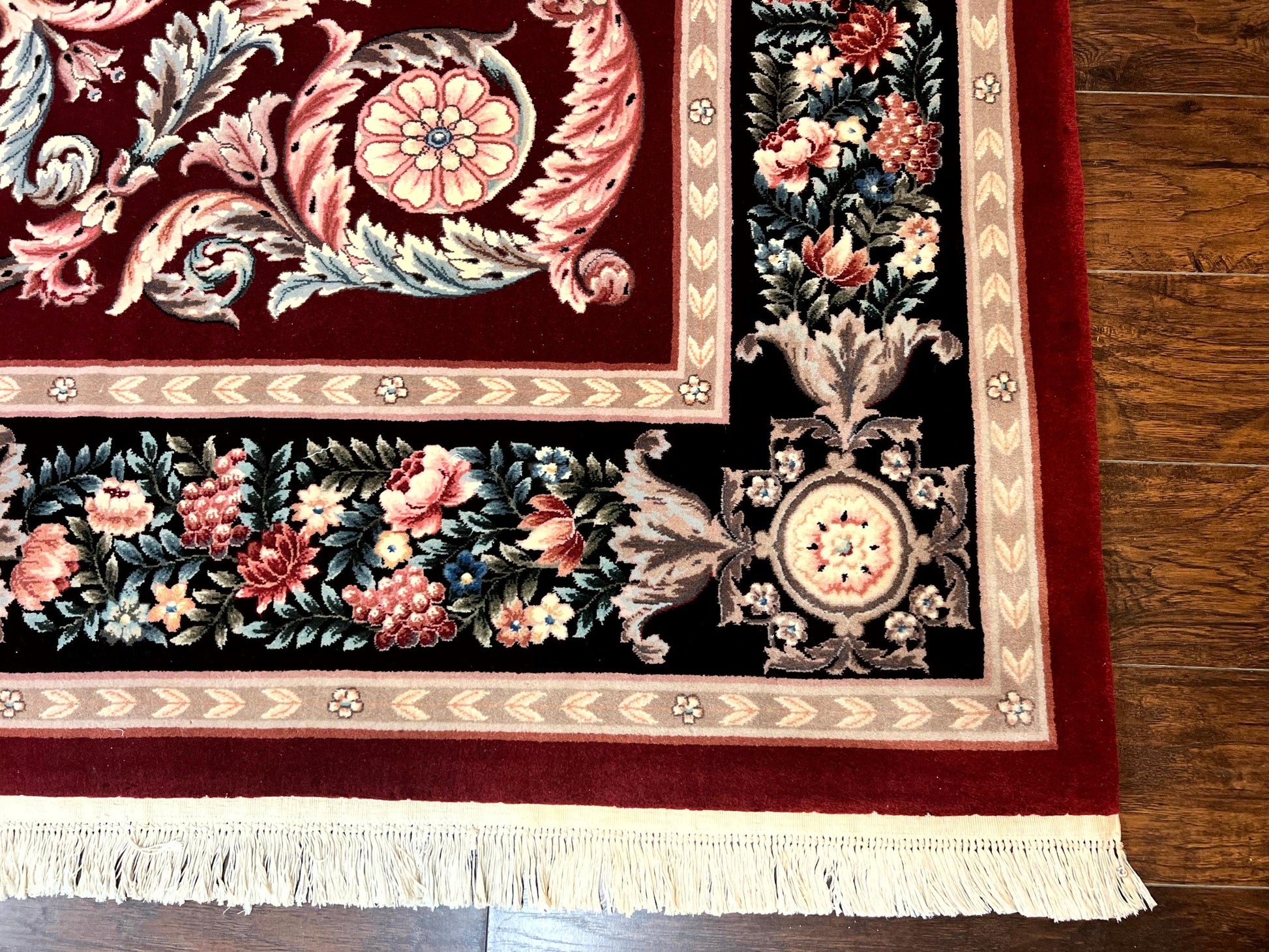 Chinese Aubusson Rug 9x12, Burgundy, Handmade Vintage Wool Carpet, Fine 210 KPSI, Elegant European Design - Nuvé